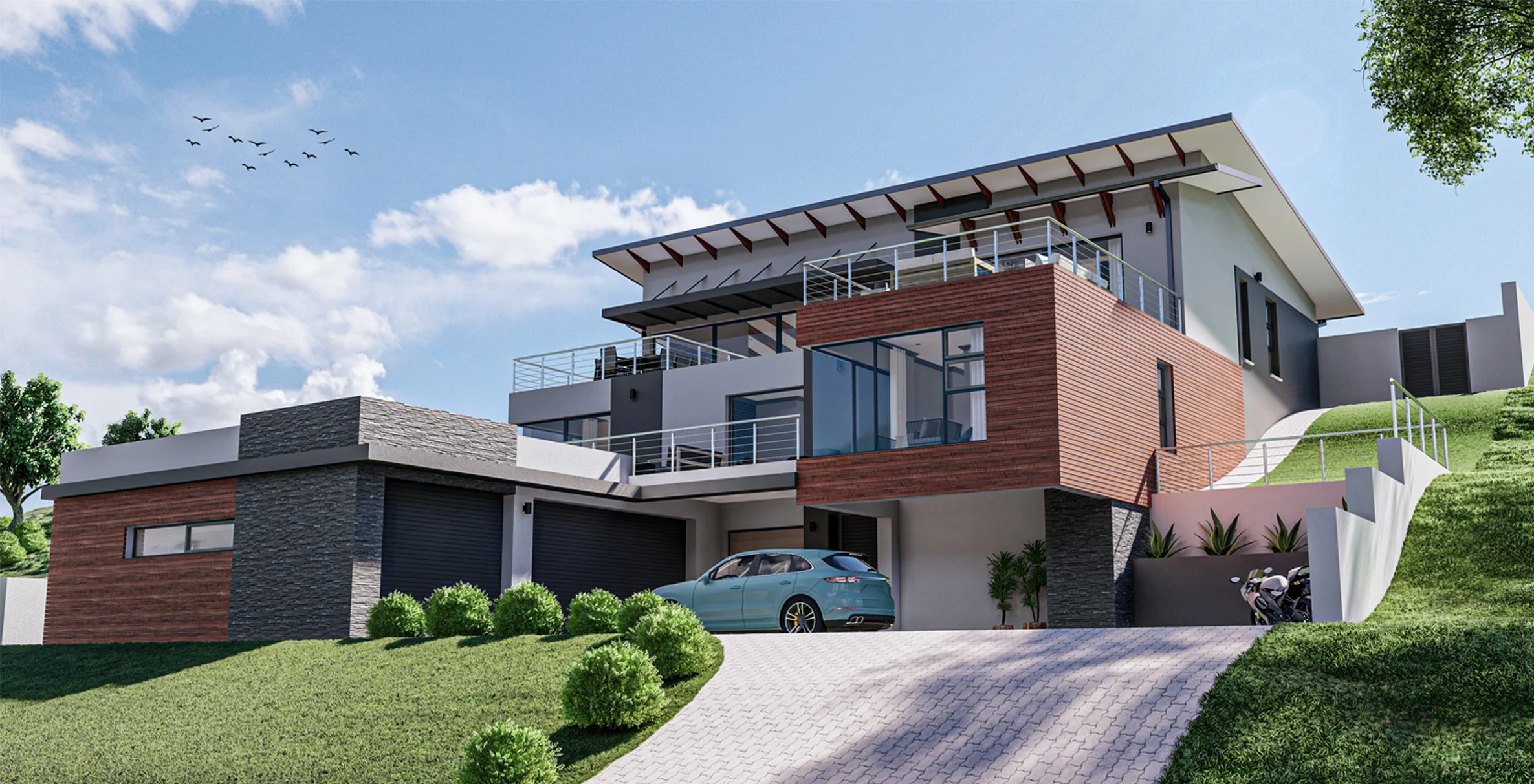 Luxury home rendering at dusk